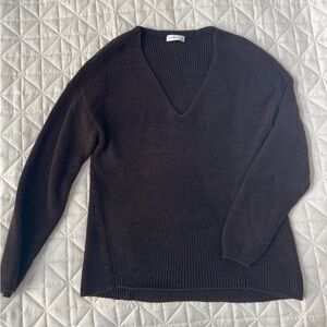 Espresso  V neck knit sweater, gentle fawn.